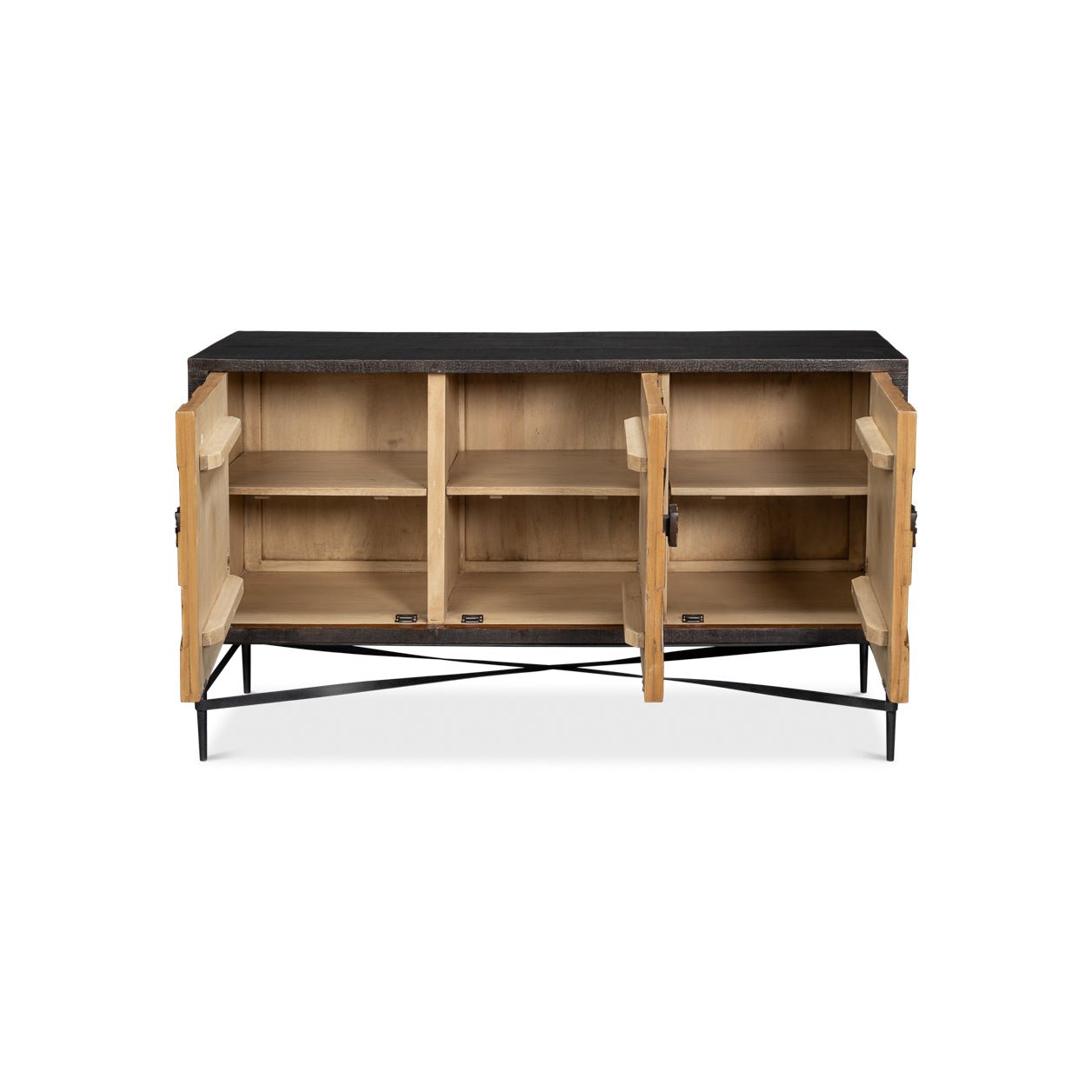 Open view of sunburst sideboard showing interior shelves.