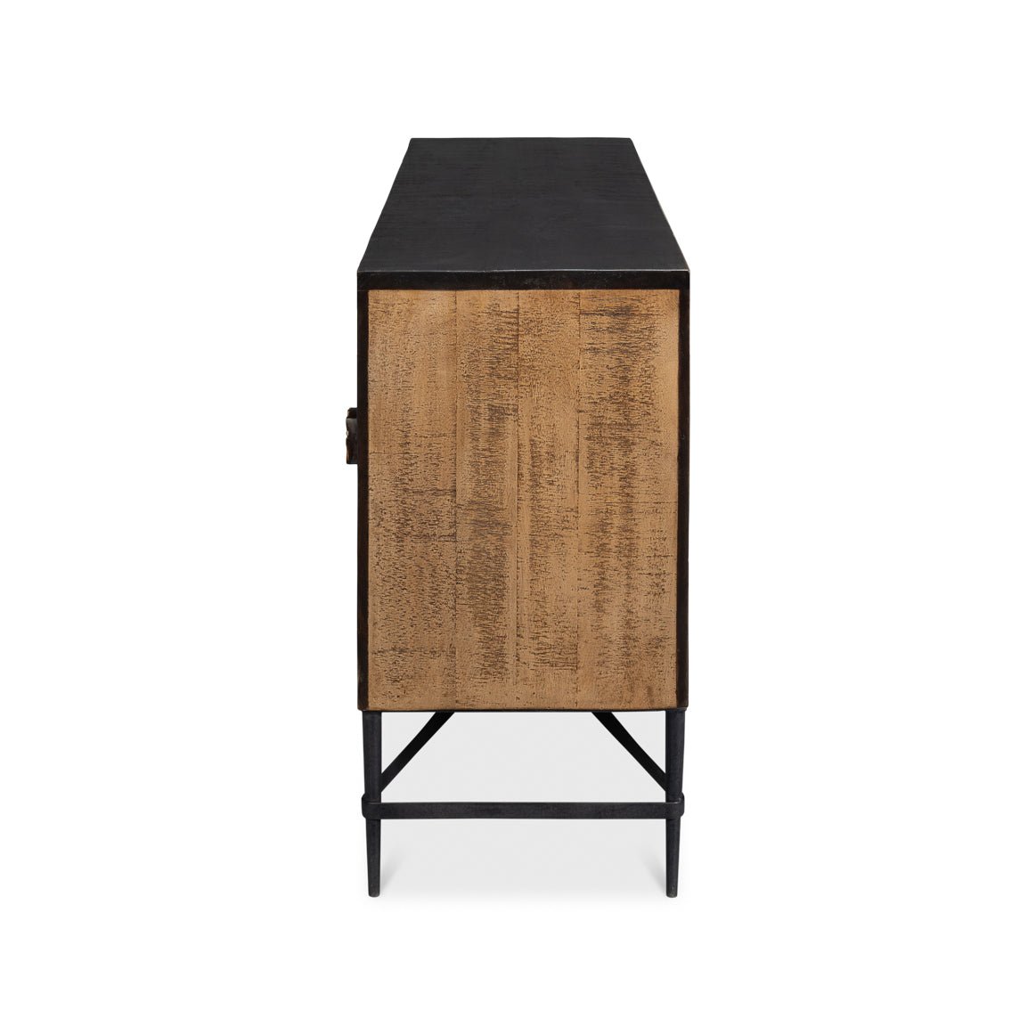 Side profile view of sunburst rustic buffet sideboard.