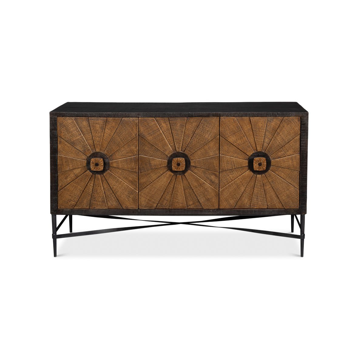 Front view sunburst rustic buffet sideboard with dark top.