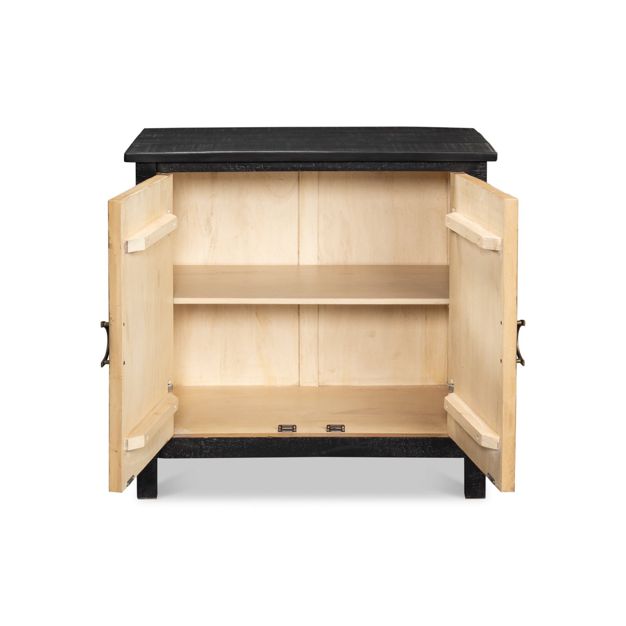Open sunburst cabinet showing interior shelves.