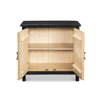 Open sunburst cabinet showing interior shelves.
