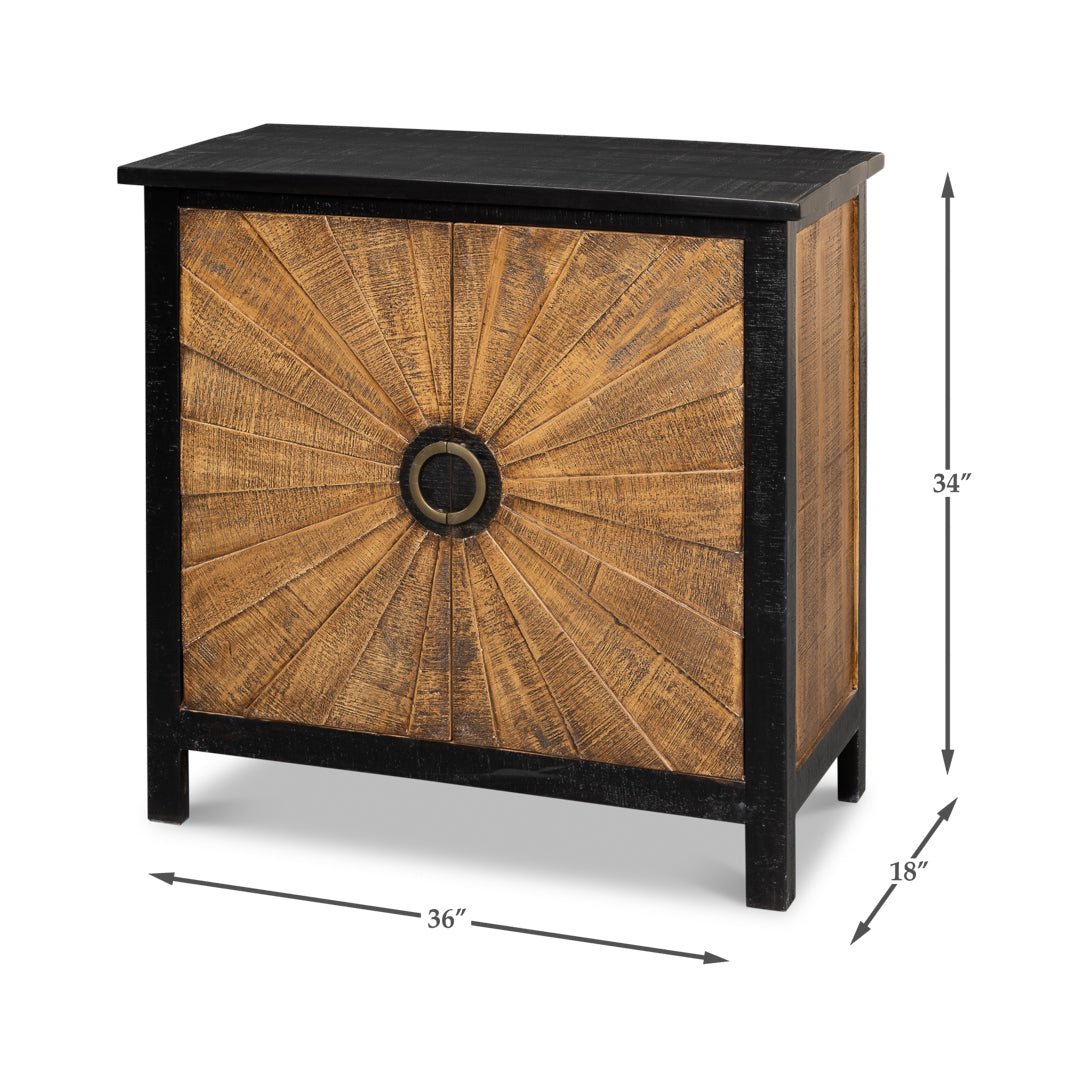Sunburst wood cabinet with dimensions: 36"x18"x34".