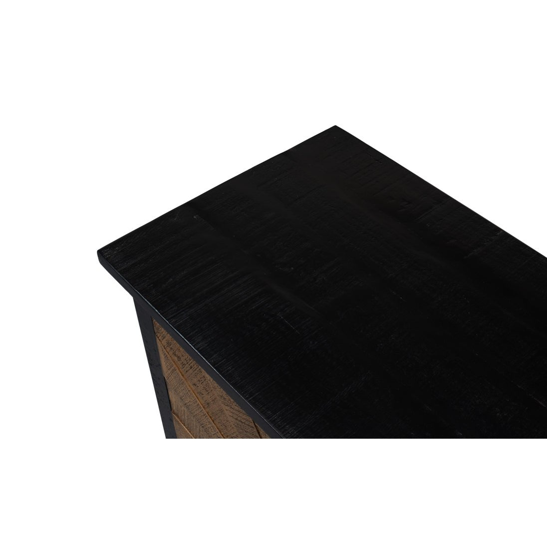 Close-up of black top surface on sunburst cabinet.