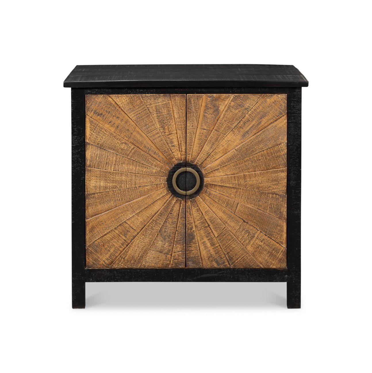 Sunburst wood cabinet close-up of the front design.