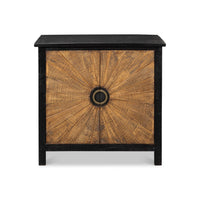 Sunburst wood cabinet close-up of the front design.