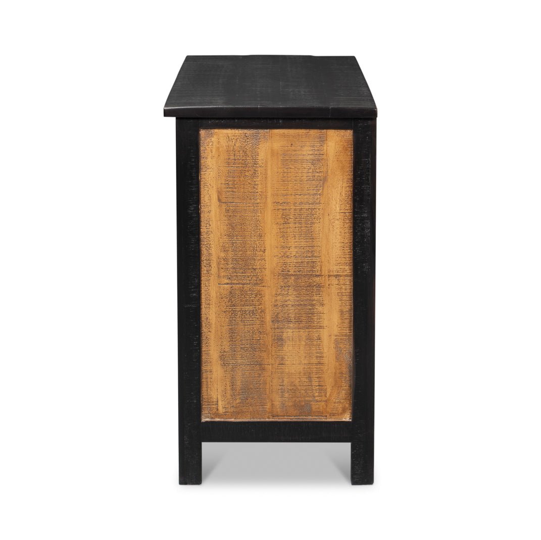 Side profile of sunburst wood cabinet.