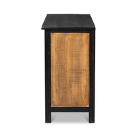Side profile of sunburst wood cabinet.