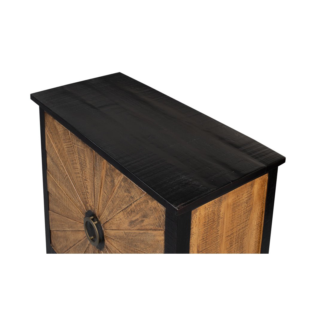 Top corner view of sunburst wood cabinet.
