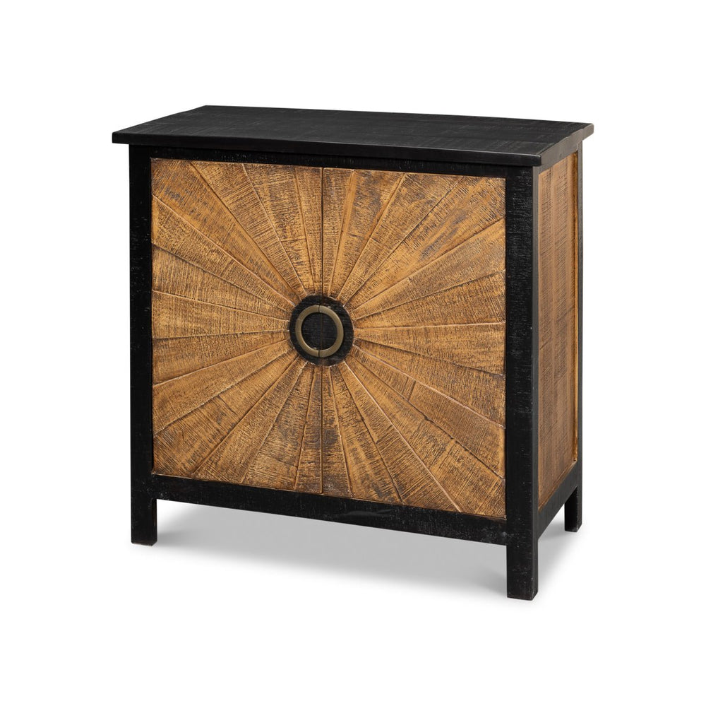 Front view of sunburst wood cabinet with dark frame.