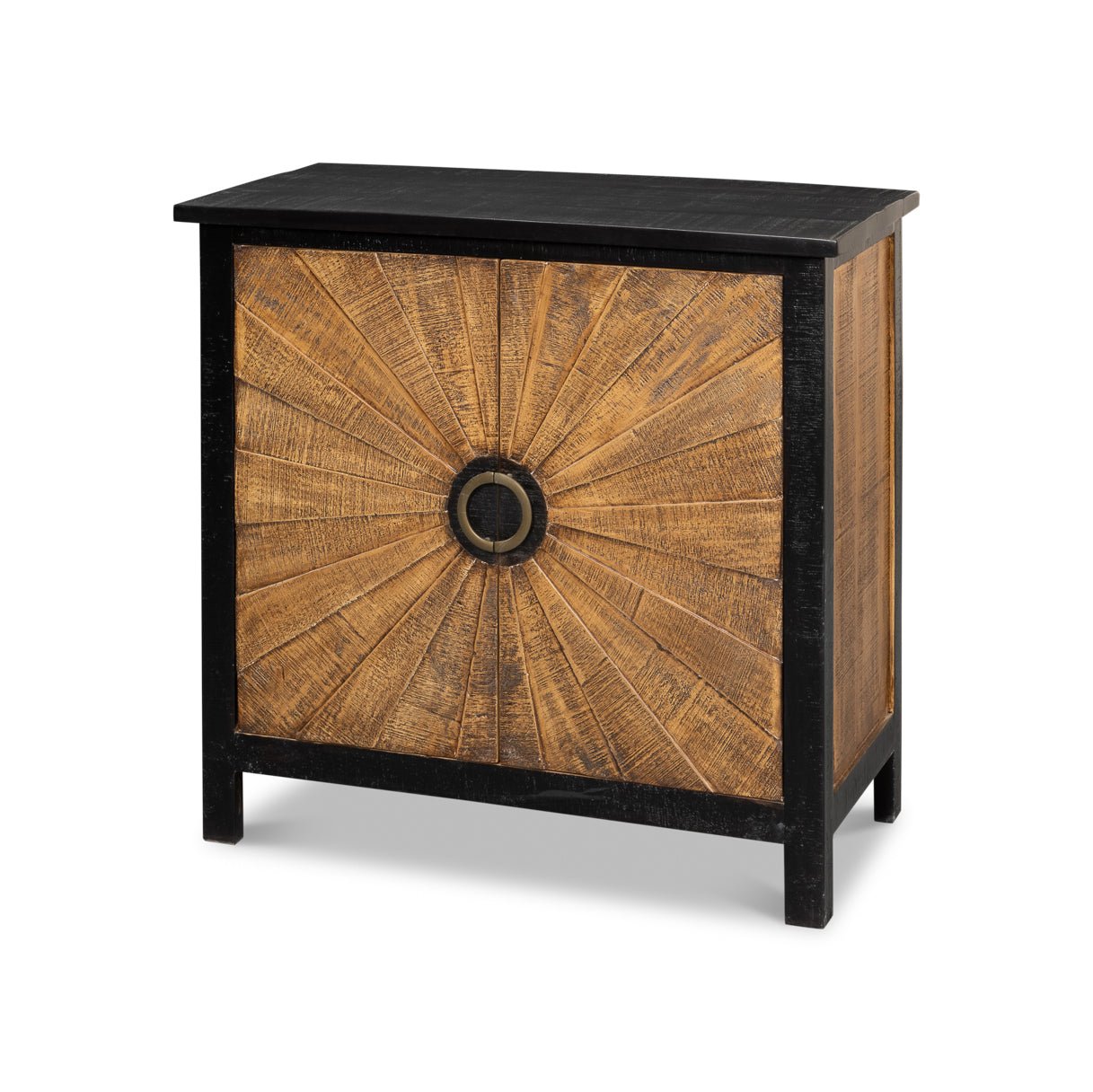 Front view of sunburst wood cabinet with dark frame.