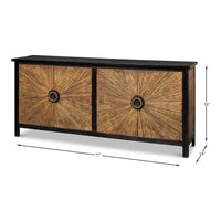 Dimensions and full view of sunburst wood sideboard.