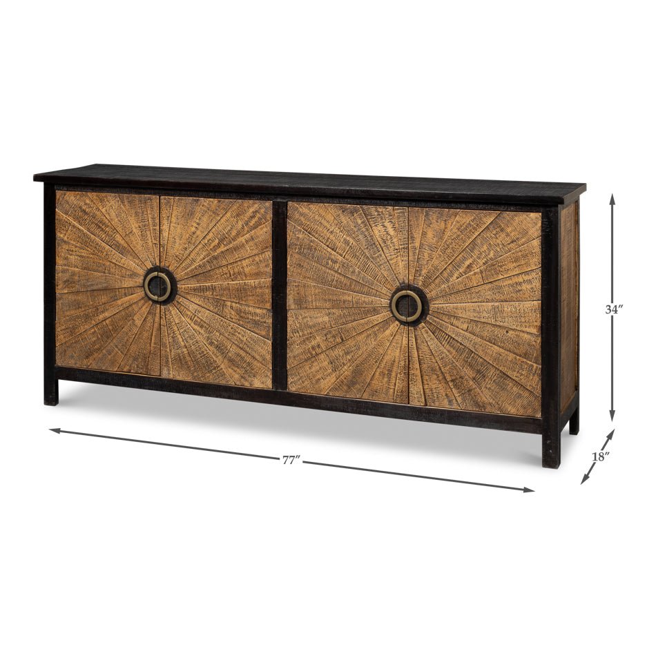 Dimensions and full view of sunburst wood sideboard.