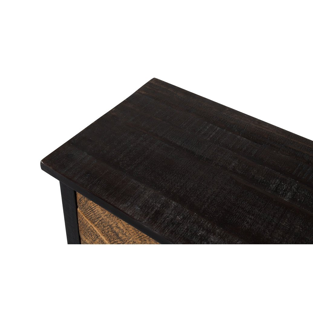 Close view of dark wood top surface of sideboard.