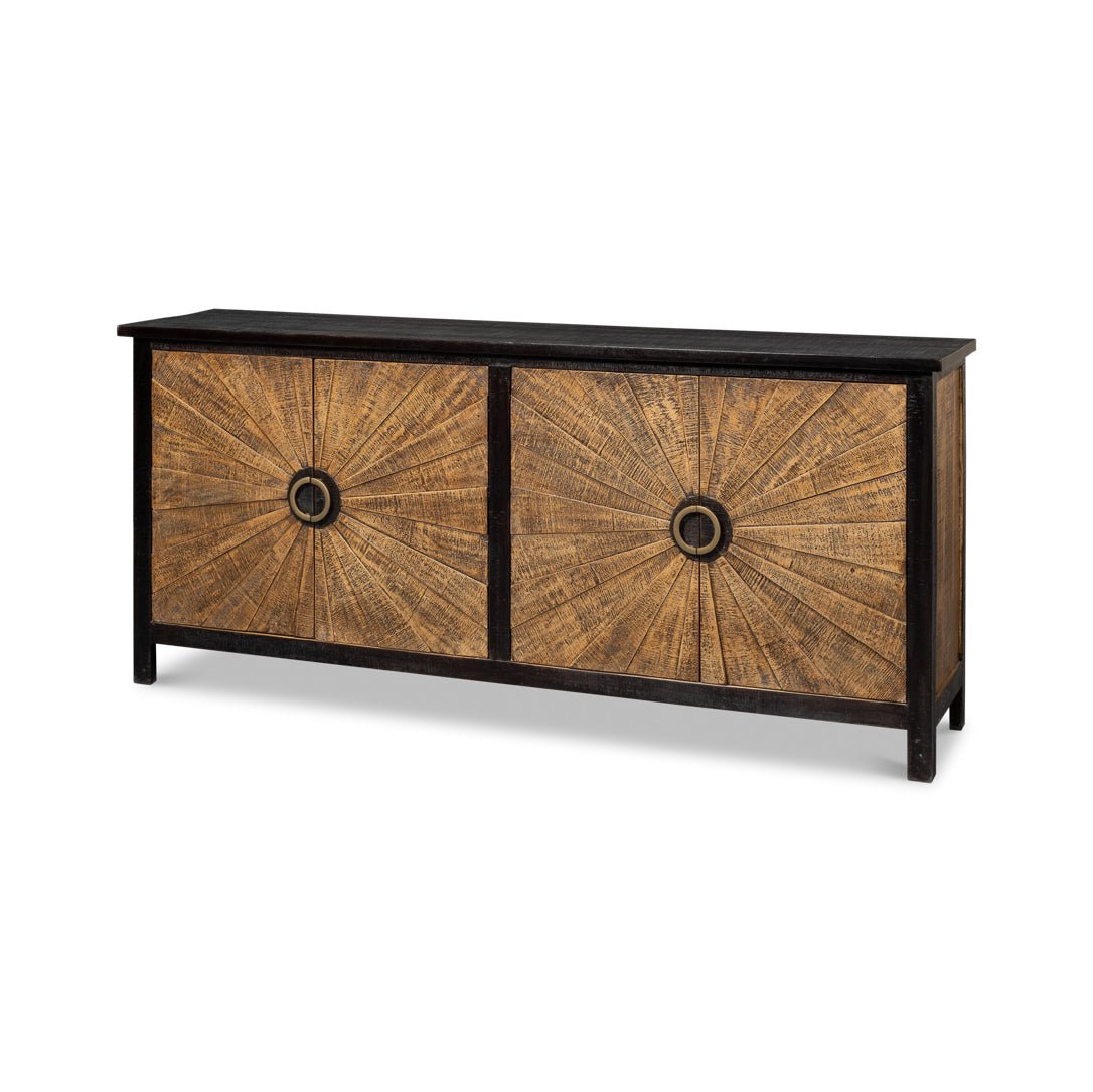 Sunburst wood sideboard angled view with doors closed.