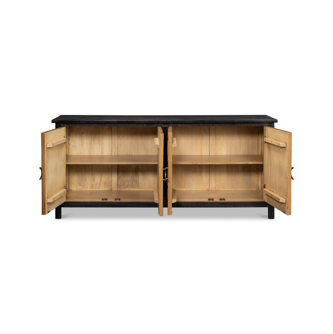 Open doors showing interior shelves of wood sideboard.