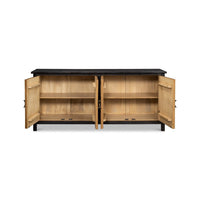 Open doors showing interior shelves of wood sideboard.