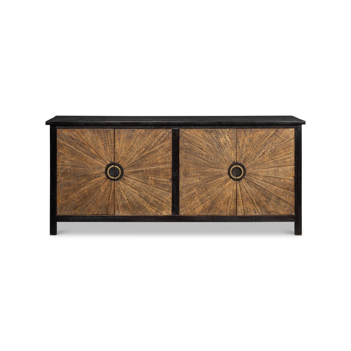 Front view of sunburst wood sideboard with doors closed.