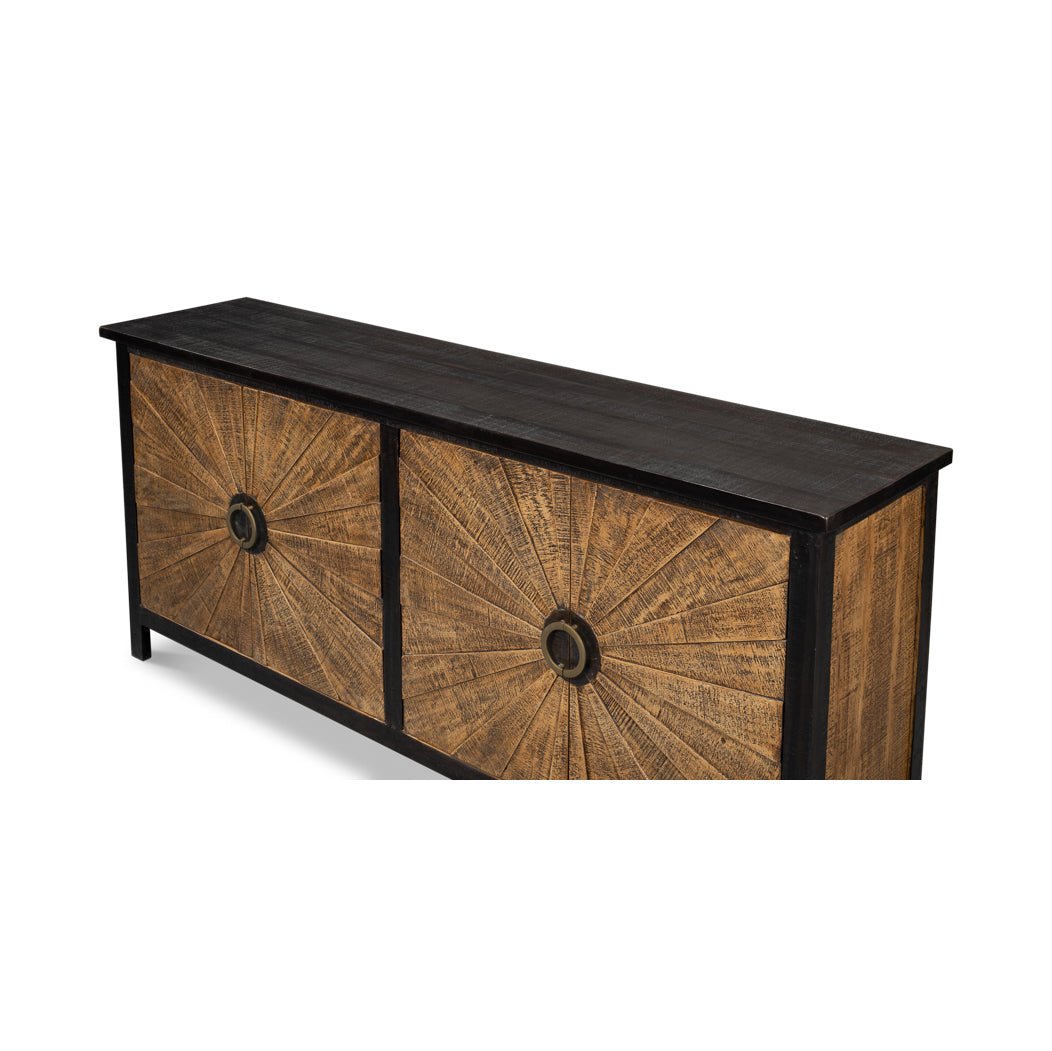 Angled top view of textured sunburst wood sideboard.