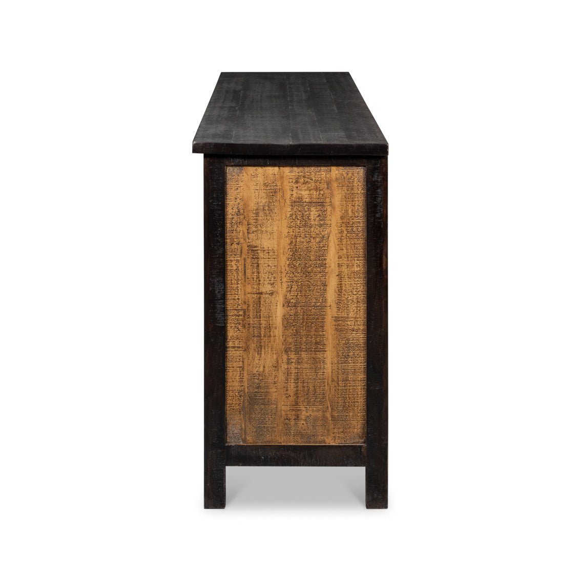 Side view showing texture of wood sideboard.
