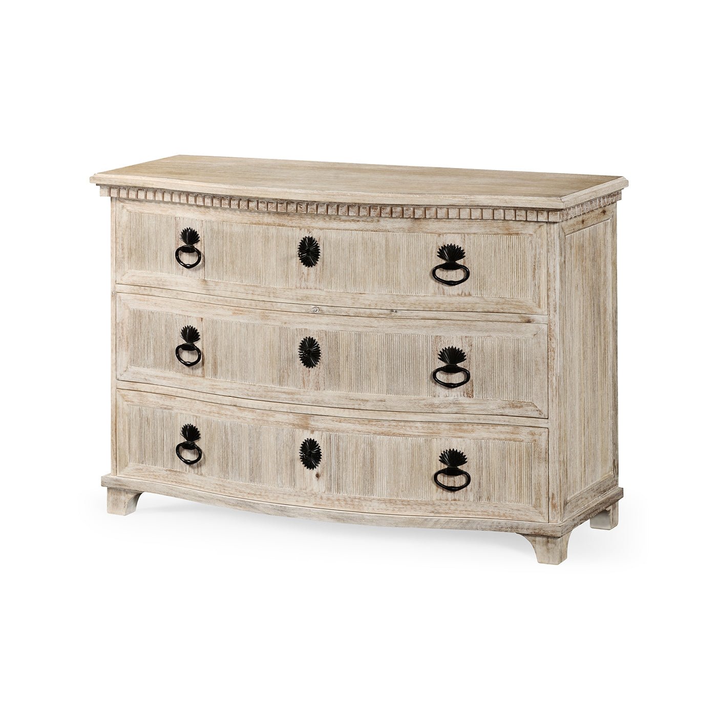 Swedish Bowfront Whitewash Dresser, angled front view.