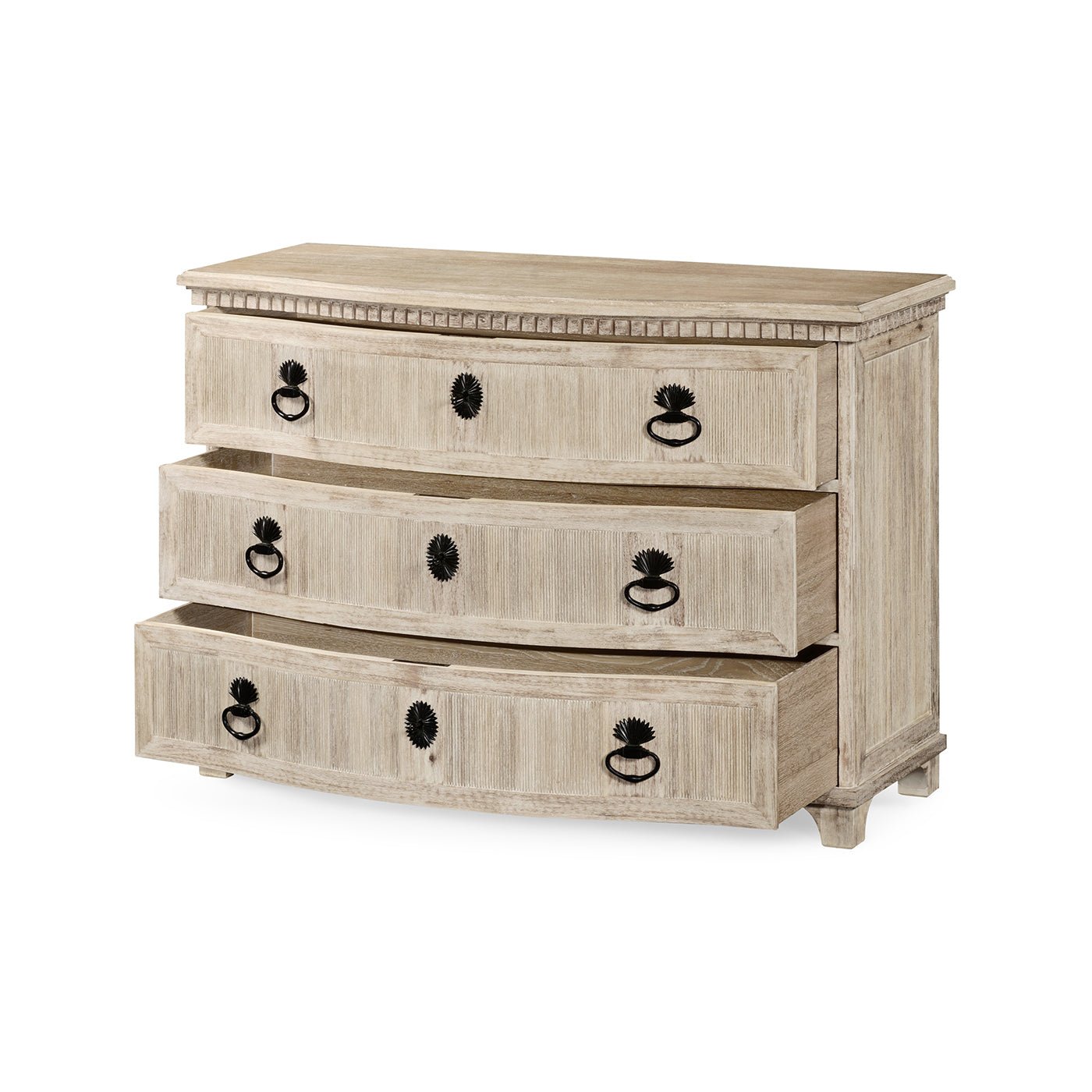 Dresser with open drawers, Swedish Bowfront design.