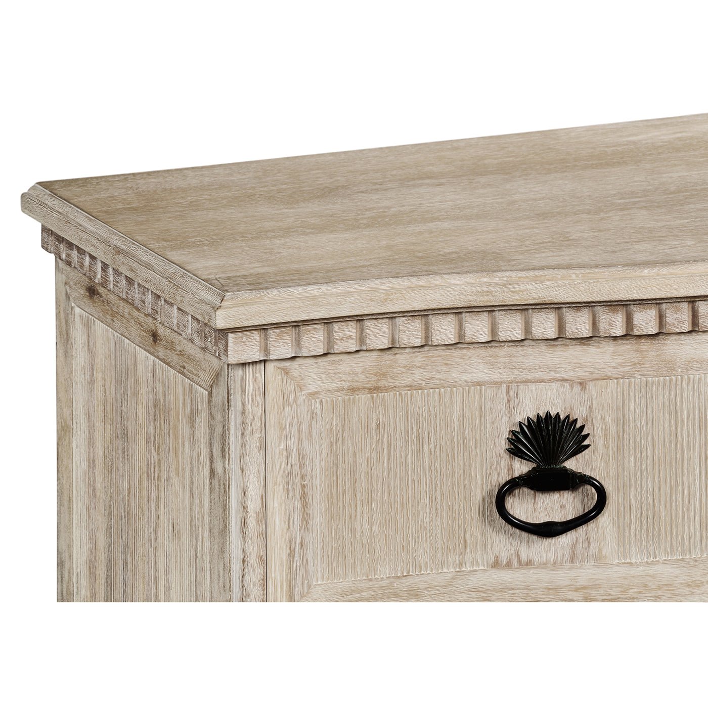 Close-up of dresser corner detail and trim.