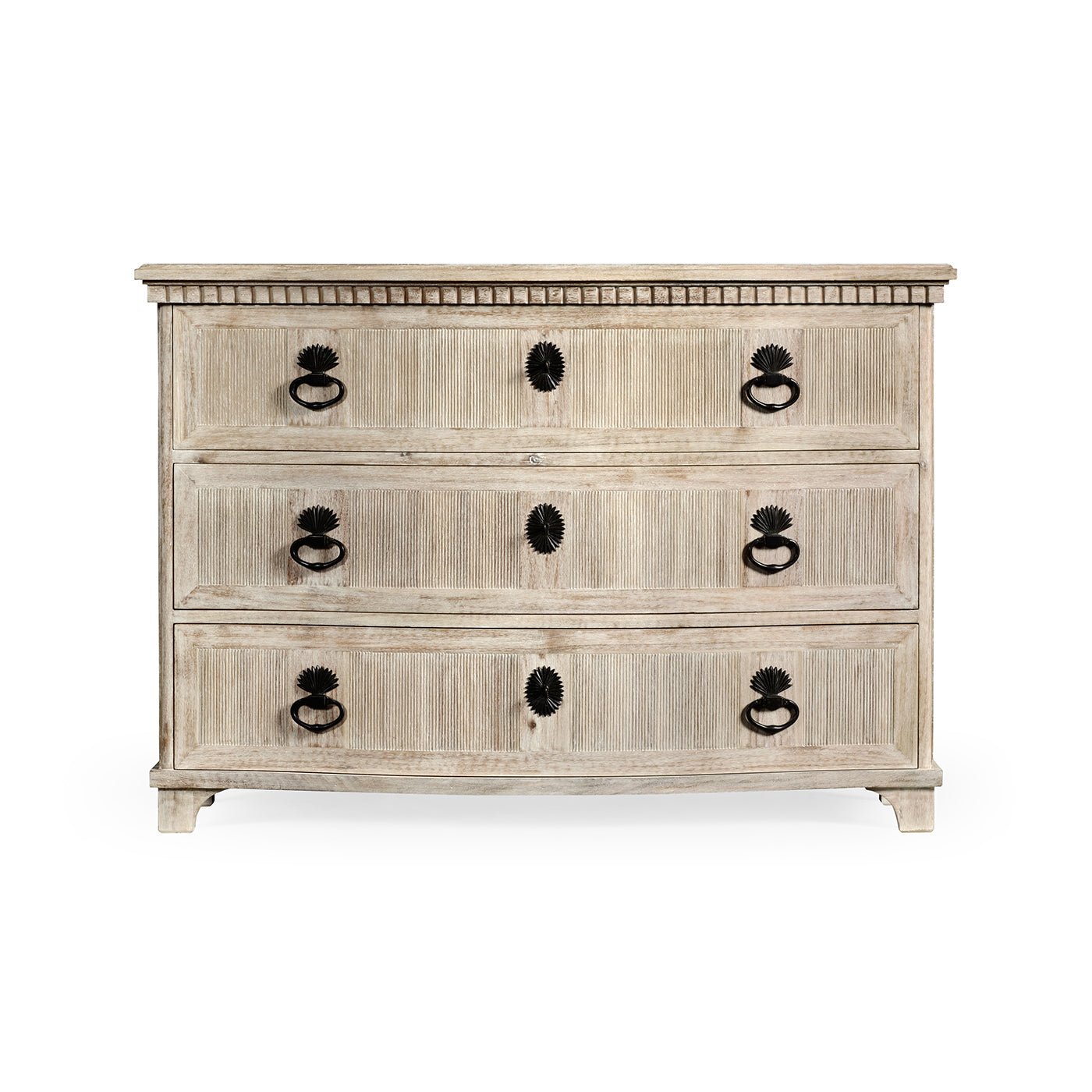 Swedish Bowfront Whitewash Dresser, front view of drawers.