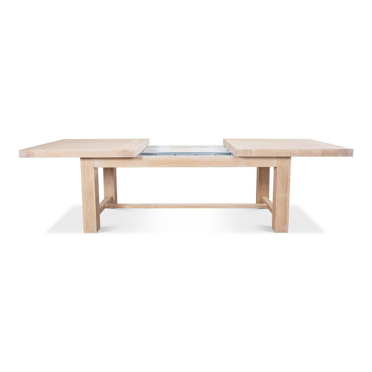 Light oak dining table, side view, fully open.