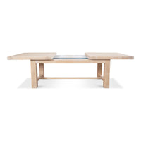 Light oak dining table, side view, fully open.