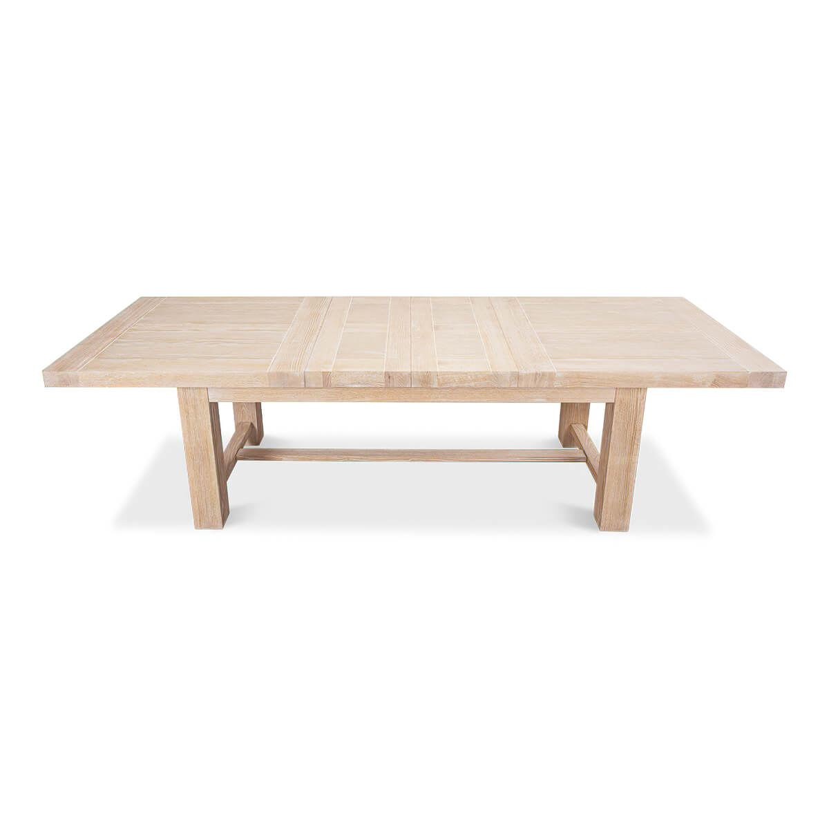 Light oak dining table, top view, extended position.