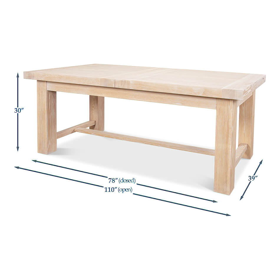 Light oak dining table, dimensions diagram, closed and open.