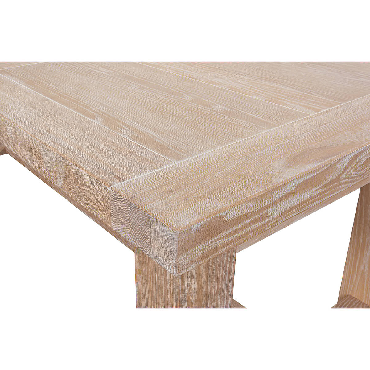 Close-up of dining table, light oak tabletop detail.