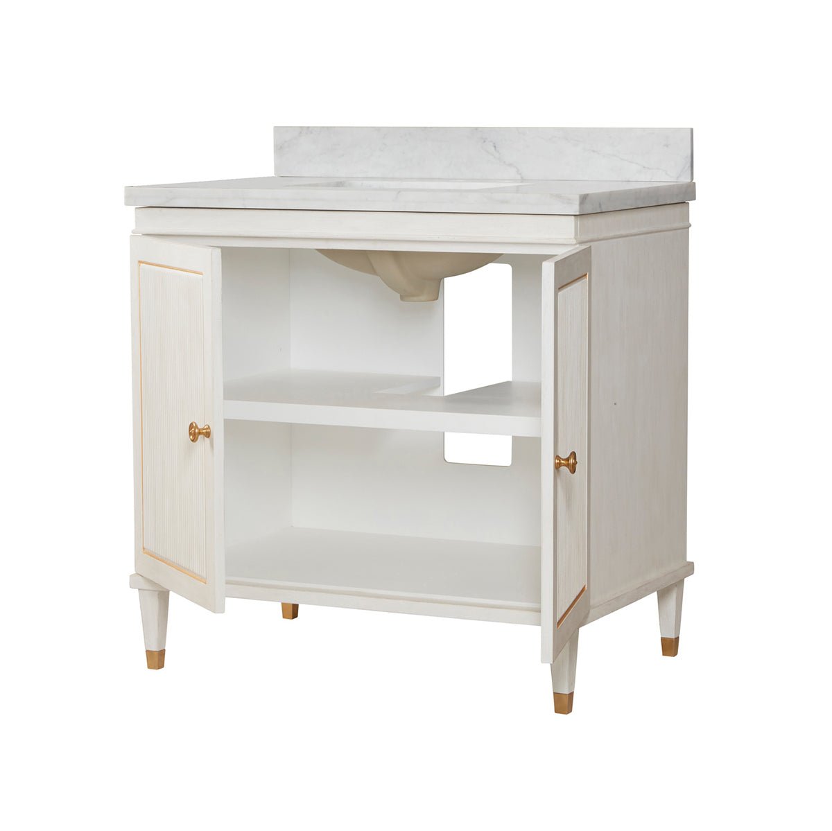 Open Swedish Neoclassic vanity showing interior shelves.