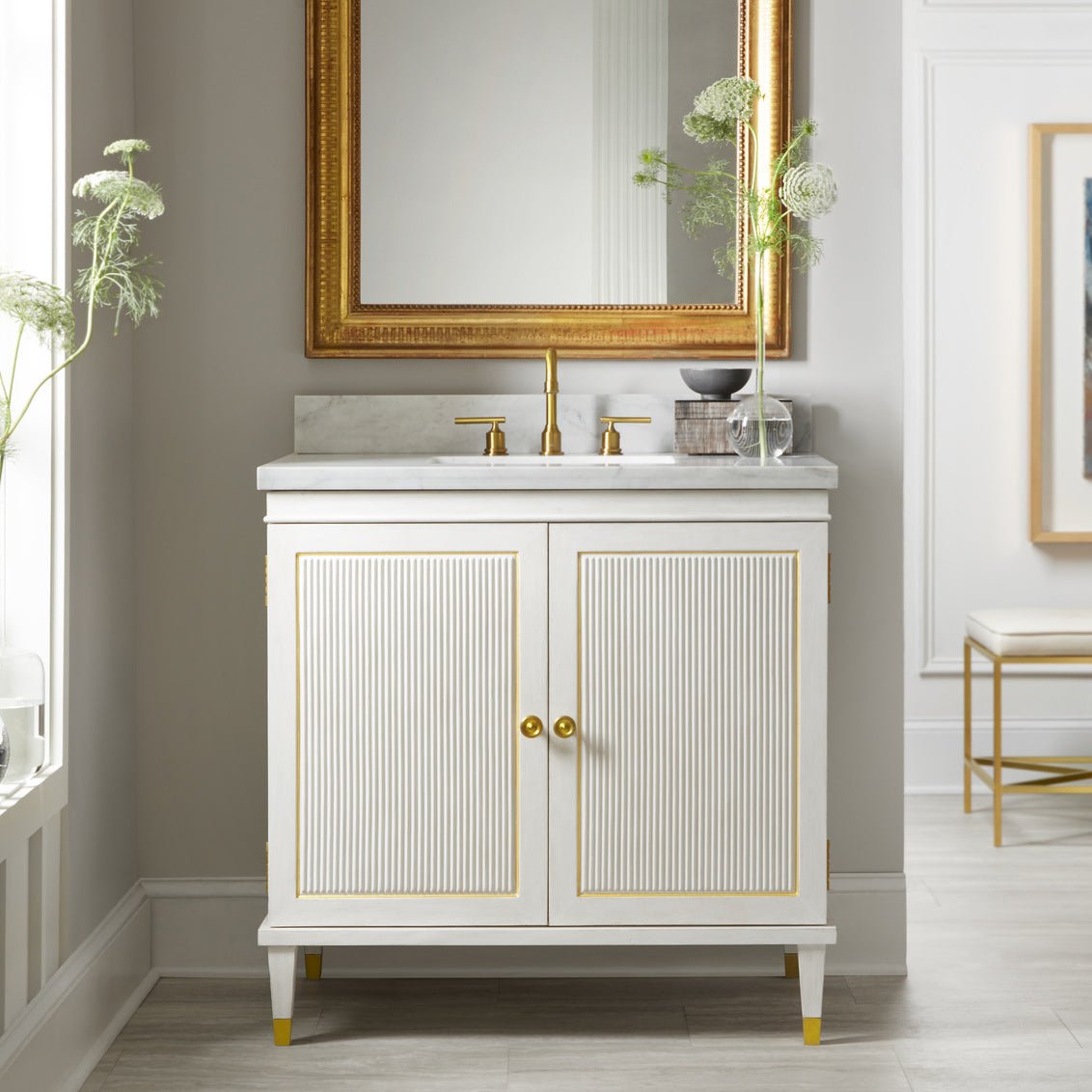 Installed Swedish Neoclassic vanity with decor and mirror.