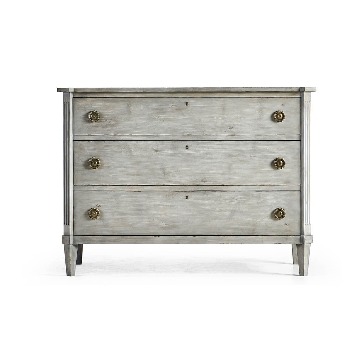 Front view of Swedish painted commode, antiqued grey.