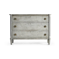 Front view of Swedish painted commode, antiqued grey.