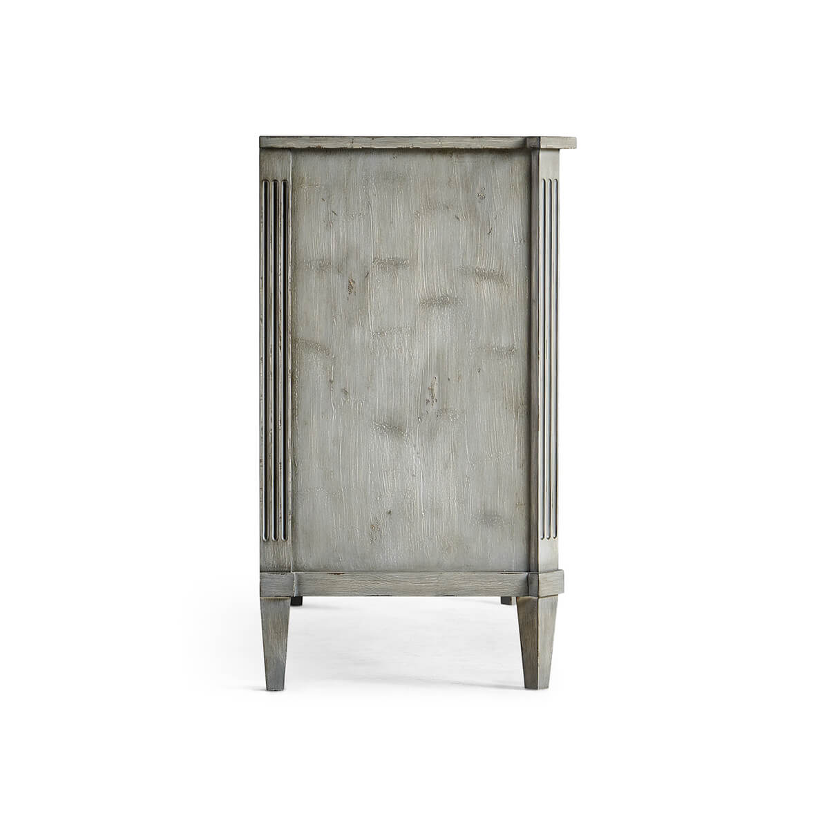 Side view of Swedish commode, antiqued grey finish.