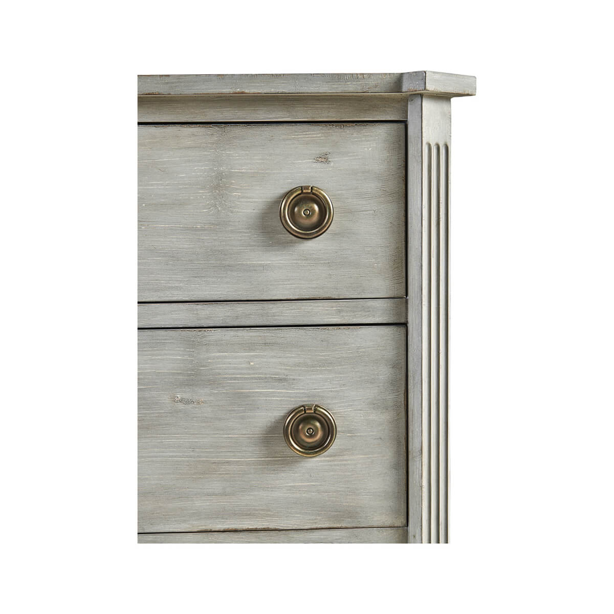 Close-up of Swedish commode drawer knobs, grey finish.