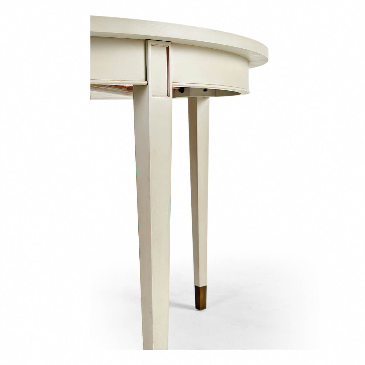 Side view of Swedish painted dining table with leg detail.
