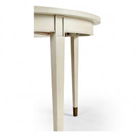 Side view of Swedish painted dining table with leg detail.
