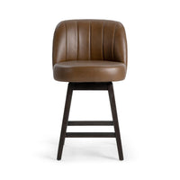Front view of the brown leather swivel counter stool with a rounded back and built-in footrest