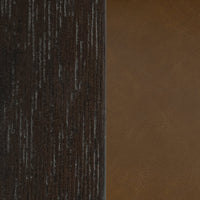 Side-by-side detail of the dark wood grain and brown leather upholstery