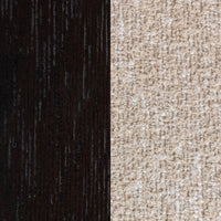 Side-by-side detail of the dark wood grain and textured cream upholstery
