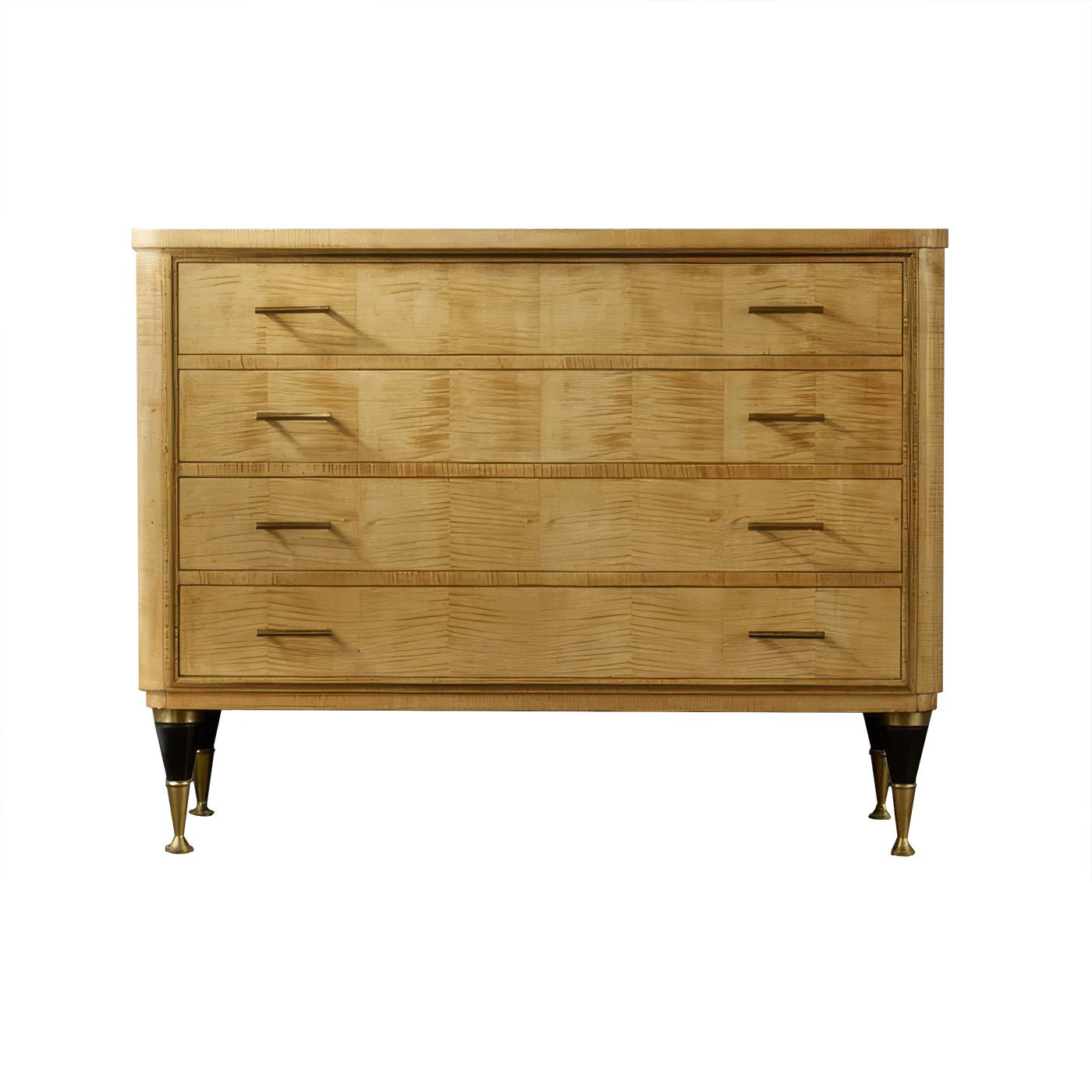 Front view of sycamore mid-century chest of drawers.