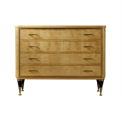 Front view of sycamore mid-century chest of drawers.