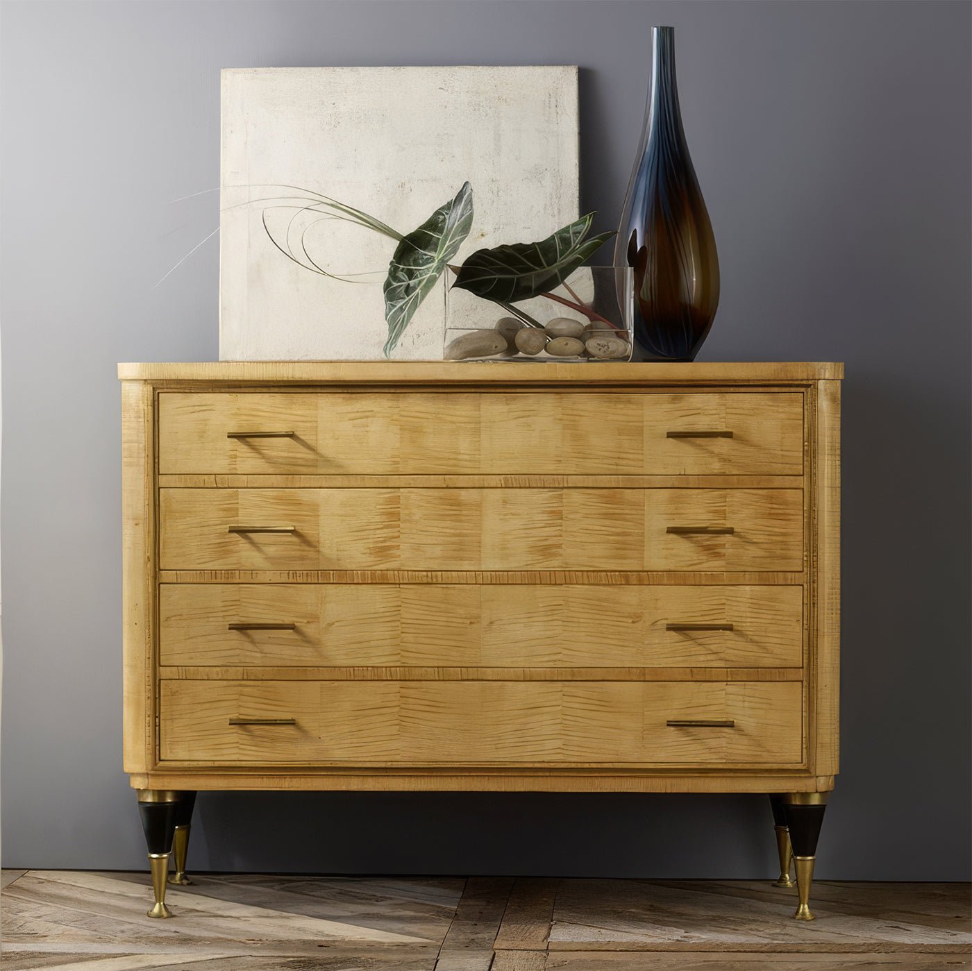 Sycamore chest styled with decor, full front view.
