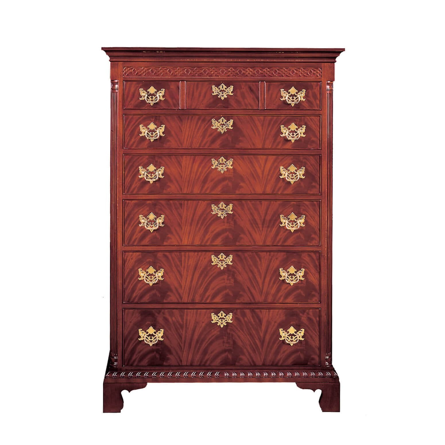 Front view of ornate Tall Chippendale chest.
