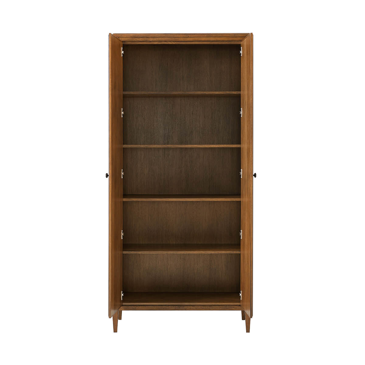 Interior view of tall dark oak cabinet with shelves.