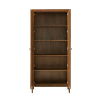 Interior view of tall dark oak cabinet with shelves.