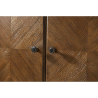 Cabinet door close-up with dark knobs and wood texture.